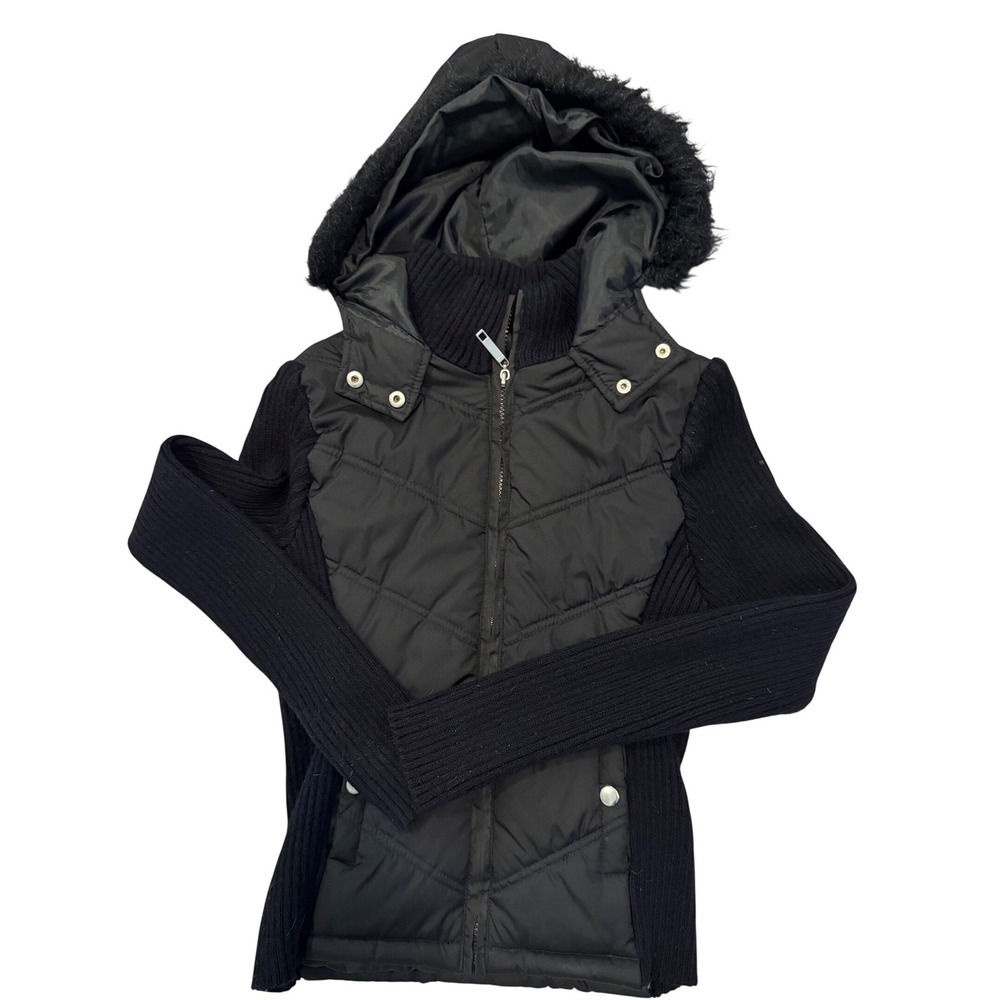 Vintage Ashley 26 International Black Quilted Puffer Knit Sleeve Hooded Jacket S